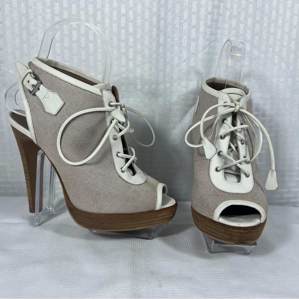 Hermès Canvas Leather Lace Up Platform Peep Toe Heels 36